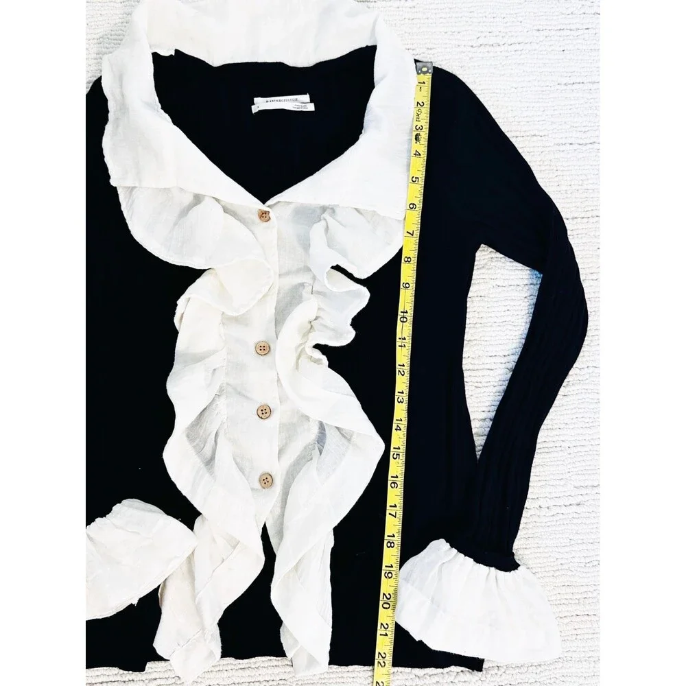 ANTHROPOLOGIE Ruffle Front Cardigan Size S Black Cream Whimsigoth Victorian